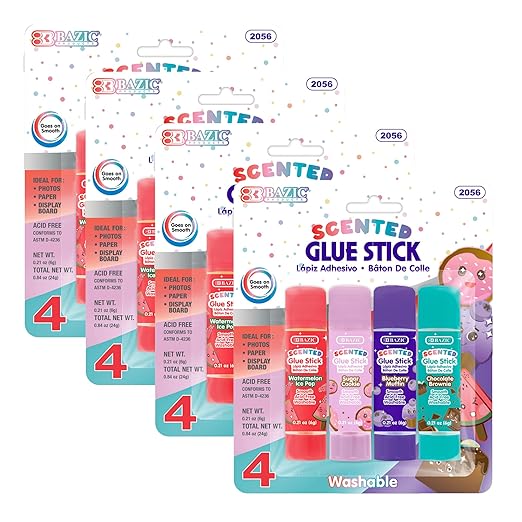 BAZIC Products Scented Glue Sticks, Washable, Assorted Scents 6 Grams, Smooth All Purpose Acid Free Clear Glue Stick for Photos Paper Kids Students at Home School Office (4/Pack), 4-Pack