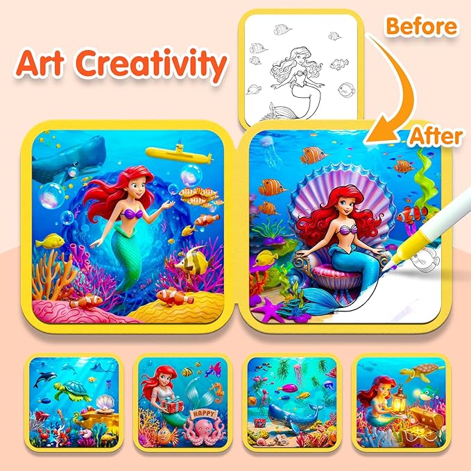 ZHOC Reusable Water Painting Books for Kids – Magic Water Reveal Coloring Books with Water Pens (Mermaid) No-Mess Coloring Book Fun Travel Activity for Ages 3 4 5 6 7 8
