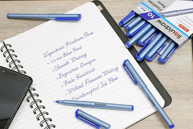 Liquidraw Blue Colored Fineliner Pens, Fine 0.5mm Tip, Set of 10