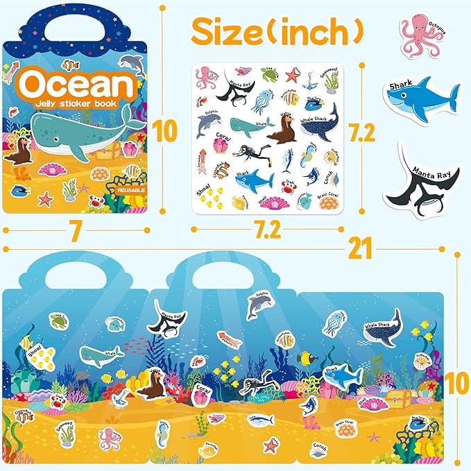 3 Sets Reusable Sticker Book for Toddlers 3-6, Jelly Sticker Books for Toddler, Travel Sticker Activity Toys for Kids 3 4 5 6 Years Old Girls & Boys（Ocean + Space + Dinosaur）