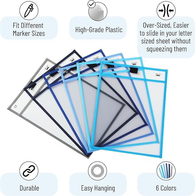 Mr. Pen- Reusable Dry Erase Pocket Sleeves, 10" x 14", 6 Pack, Ocean Breeze Color, Clear Plastic Paper Sleeves, Ticket Holders, Clear Plastic Sheet Protectors, Teacher, School, Classroom Supplies