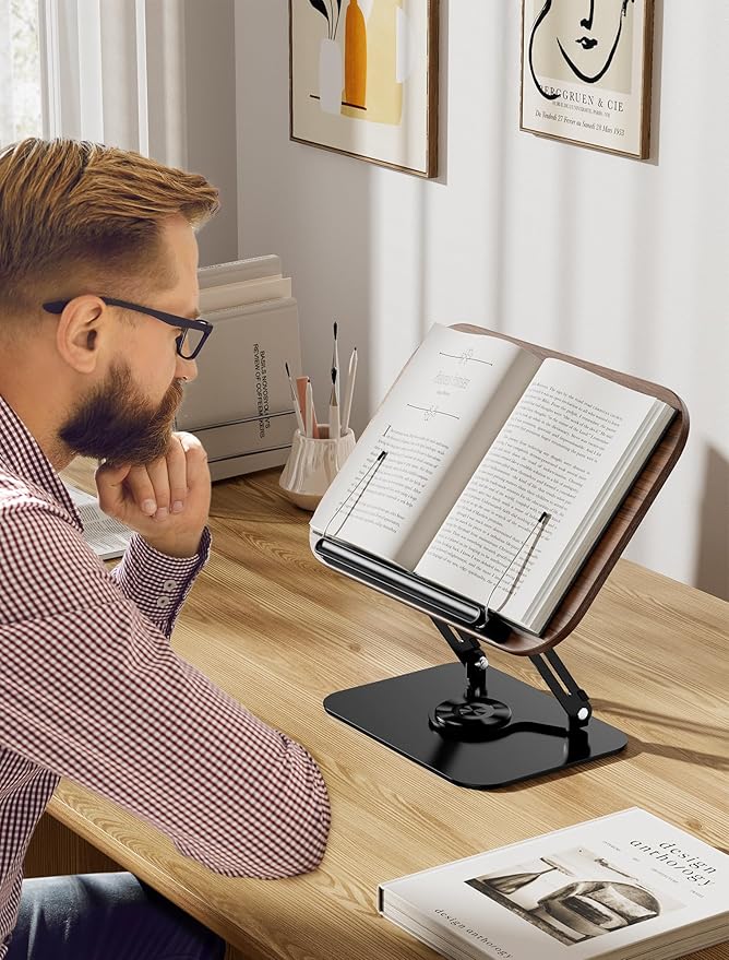 Book Stand for Reading, Adjustable Book Holder with 360° Rotating Base Foldable & Portable Cookbook Stand with Elastic Page Clip for Kindle Office Kitchen Recipe School Textbook Magazine Tablet Laptop