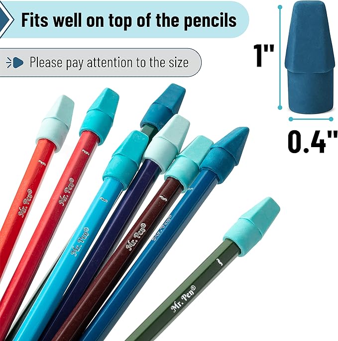 Mr. Pen- Pencil Top Erasers, 120 Pack, Blue Shades, Latex-Free, No-Smudge Cap Pencil Erasers for Precise Erasing, Kids, Teachers, Studying Supplies