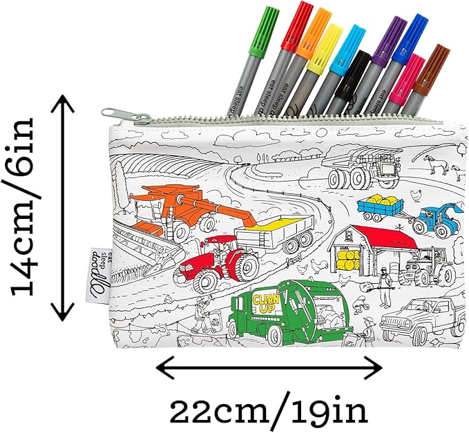 eatsleepdoodle DIY Coloring Cars & Tracktors Pencil Case for Kids with 10pcs Washable Markers, Reusable Art Supply Organizer, Fun Arts & Crafts Activity for Boys & Girls, Creative Gift Idea for Ages