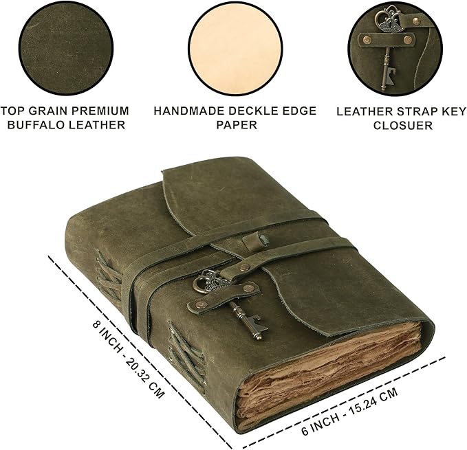 Leather Journal with Deckle Edge Paper 8x6 inch and Vintage Key | Handmade Writing Notebook Diary | Bound Daily Notepad for Men & Women Medium, Sketch/Writing pad for Artists