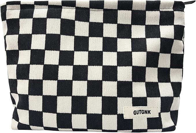 GUTGNK Women's Cosmetic Bag, Corduroy Checkerboard Travel Cosmetic Bag Small Cosmetic Bag Skin Care Cosmetic Changing Handy Bag Zipper Organizer