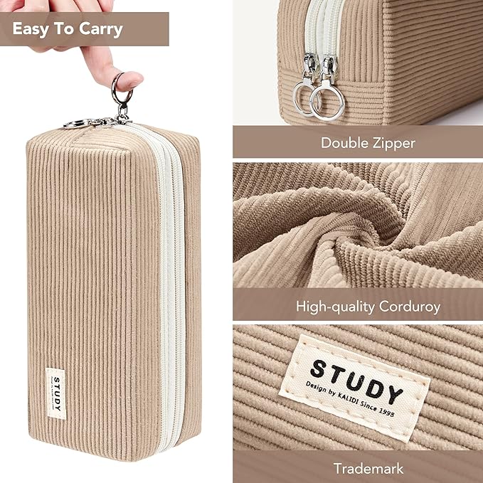 KALIDI Large Pencil Case Corduroy Pencil Pouch Box Cute School Supplies for Teen Girls Boys, Dark Khaki