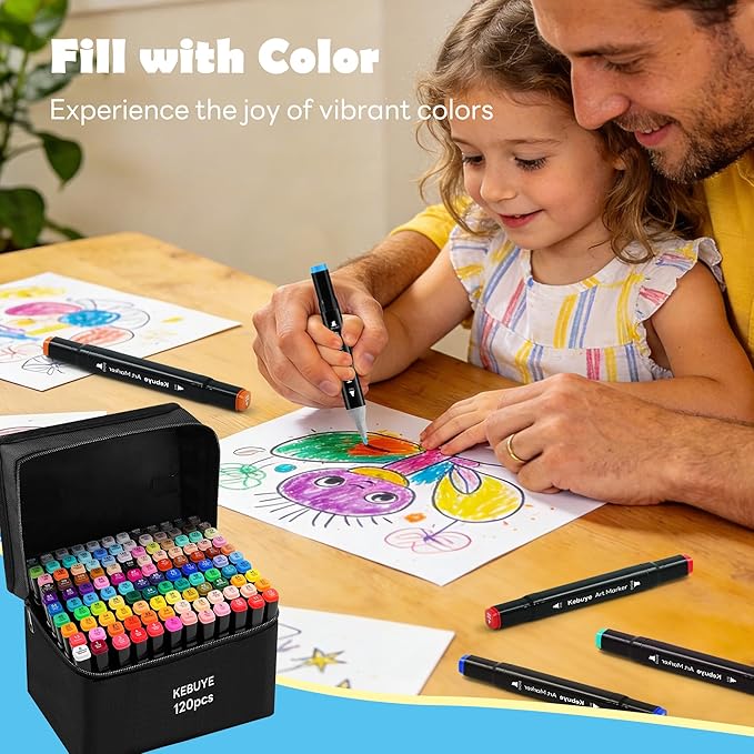 Kebuye 120 Colors Alcohol Art Markers Set, Dual Tips Blender for Drawing, Sketching, Coloring, Underlining, Professional Permanent Sketch Markers for Kids and Adults