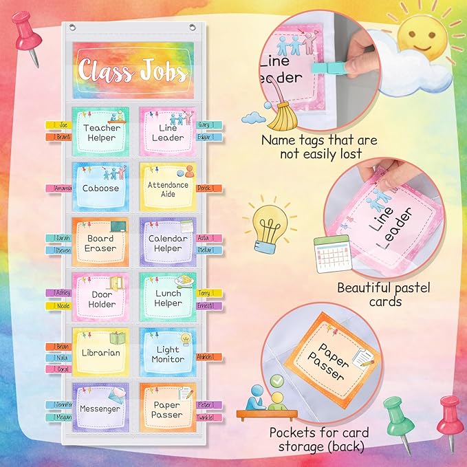 Pasimy Watercolor Class Jobs Pocket Chart Class Helpers Pocket Chart Classroom Jobs Cards with Clips and Hooks Teacher Helper Bulletin Board Set for Back to School Classroom Teacher Supplies