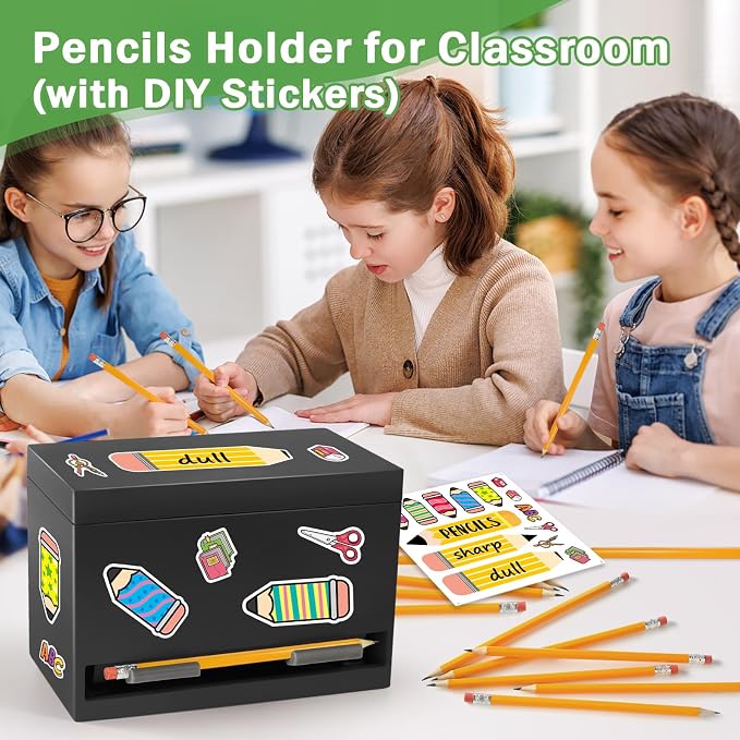 Aigybobo Pencil Dispenser for Classroom, Wooden Desk Pencil Holder, Black | Teacher Must Haves, Classroom Organization, Wooden Dispenser for Pencils or Straws, for Offices, Kitchens, Restaurants