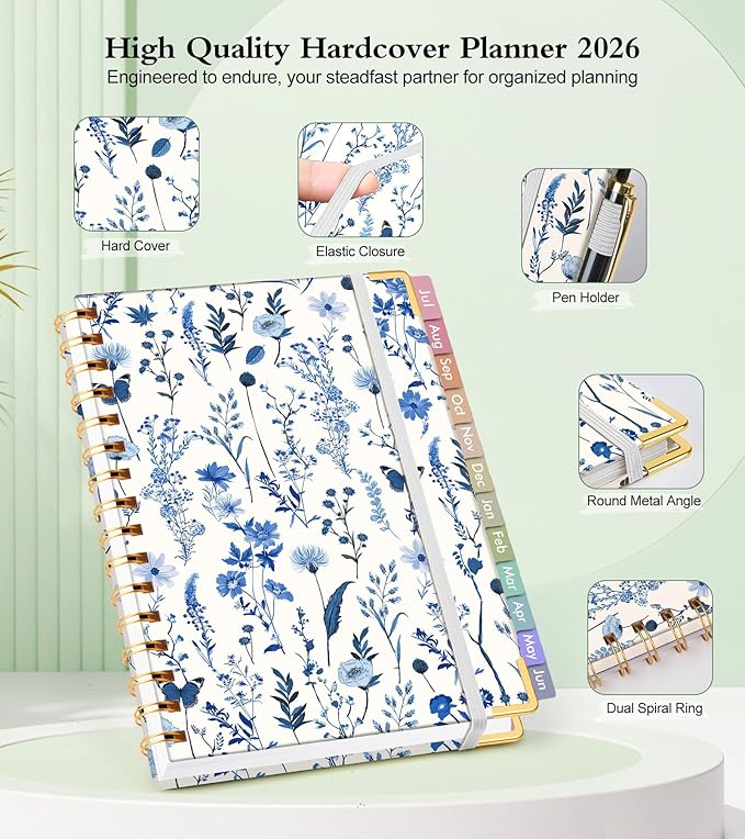 Academic Planner 2026-2027, Hardcover Weekly and Monthly Calendar Planner from July 2026 - June 2027, Daily Agenda Planners with Tabs, College School Organizer for Student Teacher, A4 (8.5" x 11"), Blue Floral