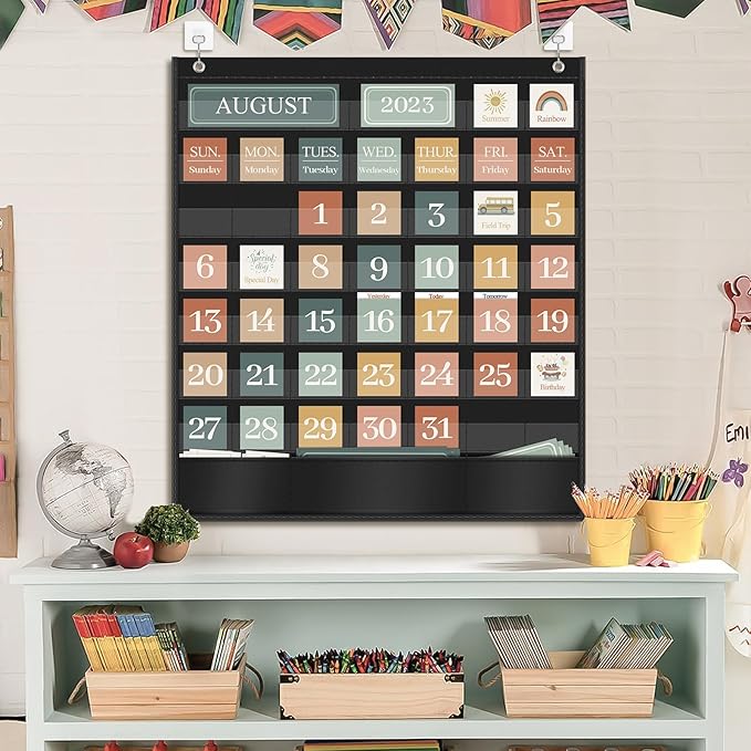 Boho Calendar Pocket Chart for Classroom Cards Add-On School Supplies Teacher Decorations Bulletin Board Pre-K To 6th Grade, Black-2
