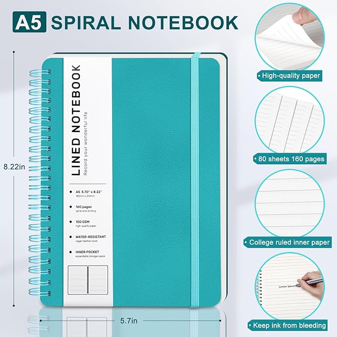 Lined Spiral Journal Notebook with 160 Pages, 8×5.7in, A5 Spiral Notebook, Journaling Notebooks for Work, School, Women, Men, College Ruled Spiral Notebook, Hardcover Leather Journals, Turquoise