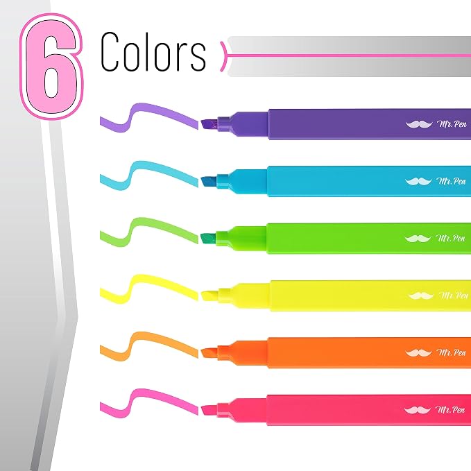 Mr. Pen- Aesthetic Highlighters No Bleed, 6 Pack, Assorted Colors | Chisel Tip, Cute Highlighters Assorted Colors for Journaling, Highlighting, Underlining, Fast Dry, Back to School Supplies