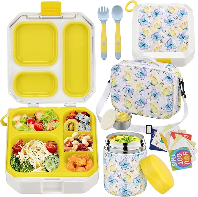 wiwens Bento Lunch Box for Kids with 12oz Soup Thermo Leak-Proof Lunch Food Container with 5 Compartment Thermo Hot Food Jar and Insulated Lunch Bag for Kid Toddler Girls Boys to School