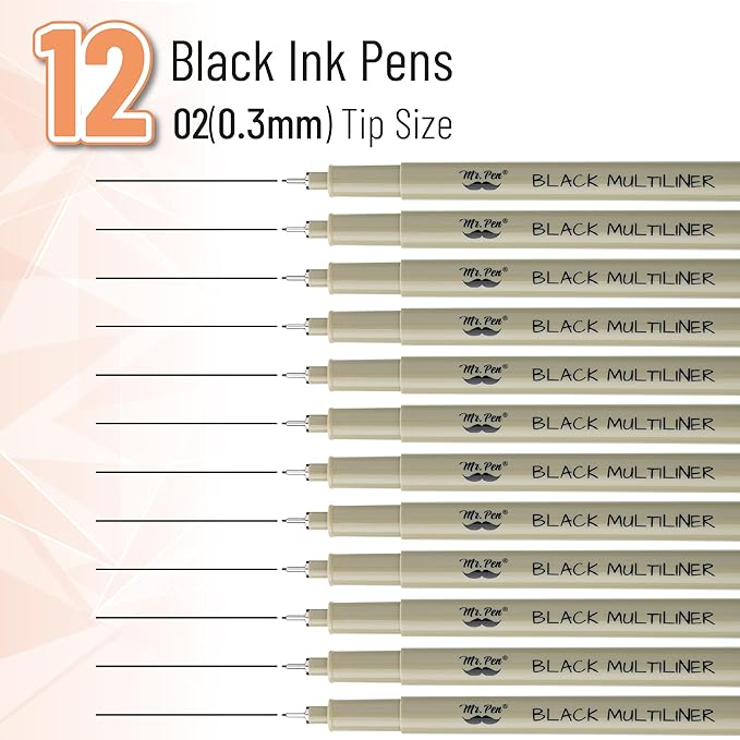 Mr. Pen- 0.3mm Micro Fine Point Pens, 12 Pack, Black Ink, Waterproof, Acid-Free, No-Smear Quick-Dry Fineliner Pens for Drawing, Sketching, Bible Journaling, Outlines & Everyday Writing