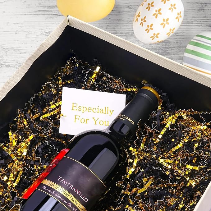 Uptotop 5oz Crinkle Cut Paper Shred Filler for Gift Wrapping, Gift Basket Filling, Perfect for Birthday, Christmas, Thanksgiving, Halloween, Easter, Valentine's Day, Mother's Day, Father's Day, Wedding & Holiday Decor, Black and Gold