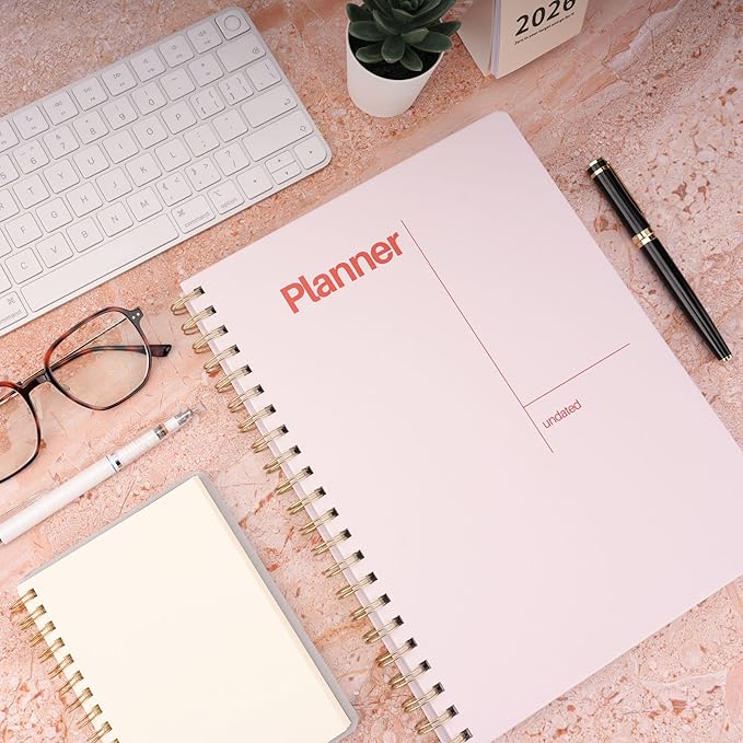 Undated Weekly Planner, 8.5" x 11", Dashboard Layout with Yearly Review, Monthly Calendars, & Weekly To Do List, Spiral Bound Organizer for Work, Study & Life (Blush White)