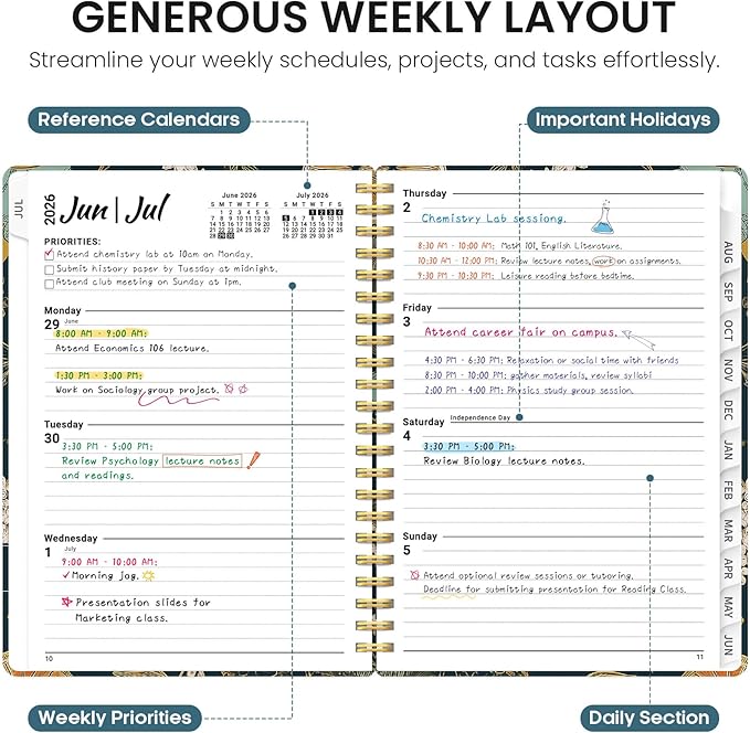 Planner 2026–2027, Academic Monthly Weekly Spiral Calendar, July 2026 – June 2027, Hardcover Agenda Notebook with Tabs, 6.3" x 8.5", Perfect for Students, Teachers, School & Daily Planning - Citrus Bloom