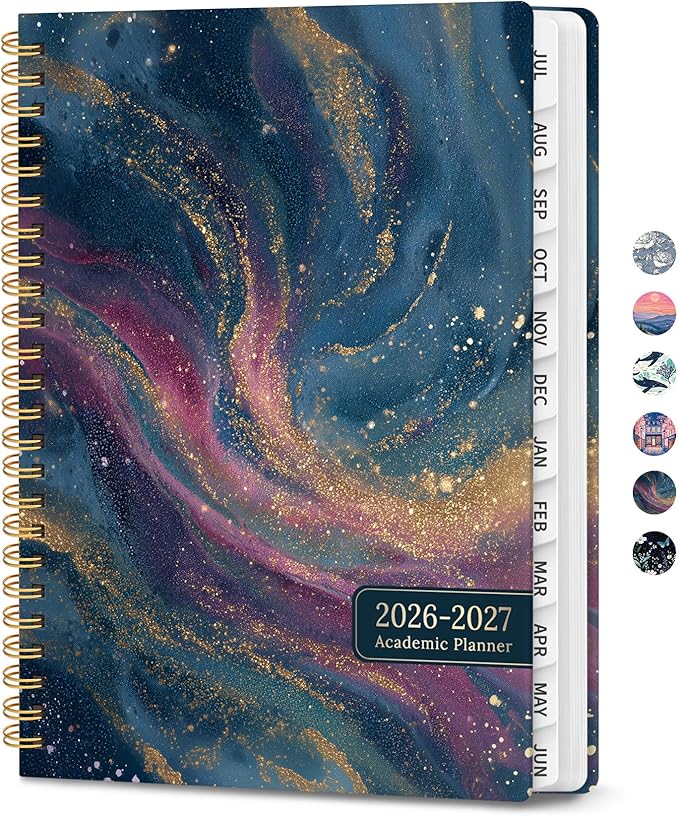 Planner 2026-2027, Hardcover Monthly and Weekly Academic Planner July 2026 - June 2027, Teacher and Student Calendar Agenda Book with Tabs, A5 (6.3" x 8.5"), Ideal for School and Office, Galactic Spiral