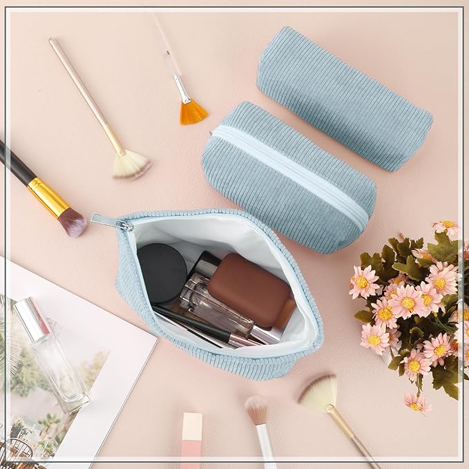 Huhumy 3 Pcs Makeup Bag Set for Women Corduroy Cosmetic Pouch Aesthetic Smile Travel Toiletry Bag Cute Purse Pouch Pencil Case Makeup Brushes Storage Organizer with Zipper(Blue,Solid Style)