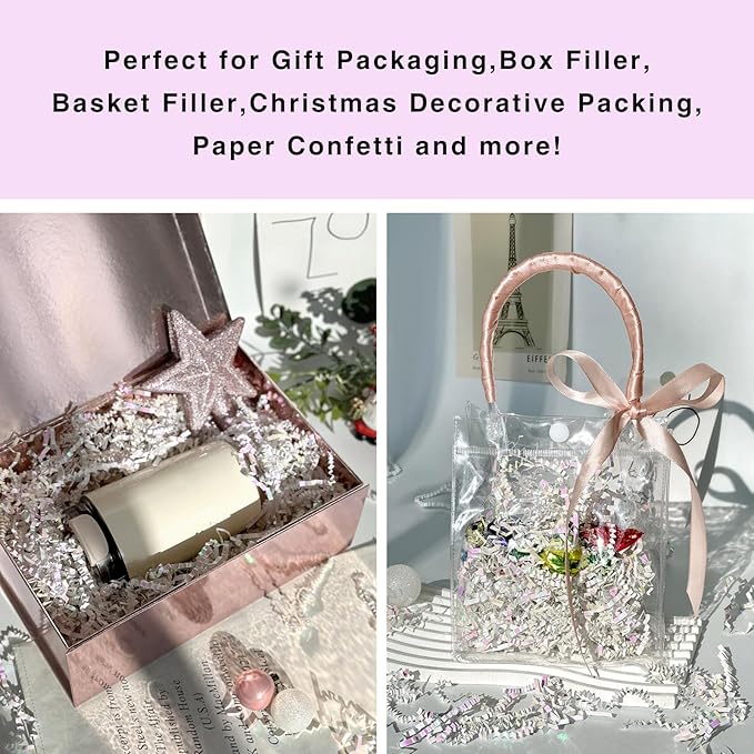 1LB Iridescent Crinkle Cut Paper Shred Filler for Gift Box Bag and Basket On Holidays(Diamond White)