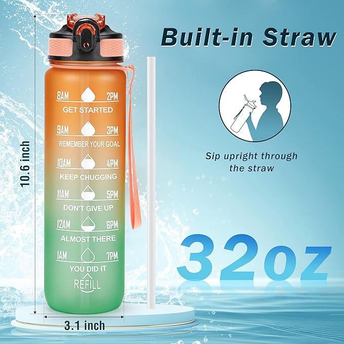 YC Kitchen Motivational Water Bottle with Time Marker - 32oz, Leak-proof BPA Free Sports Water Bottles with Straw & Carrying Strap