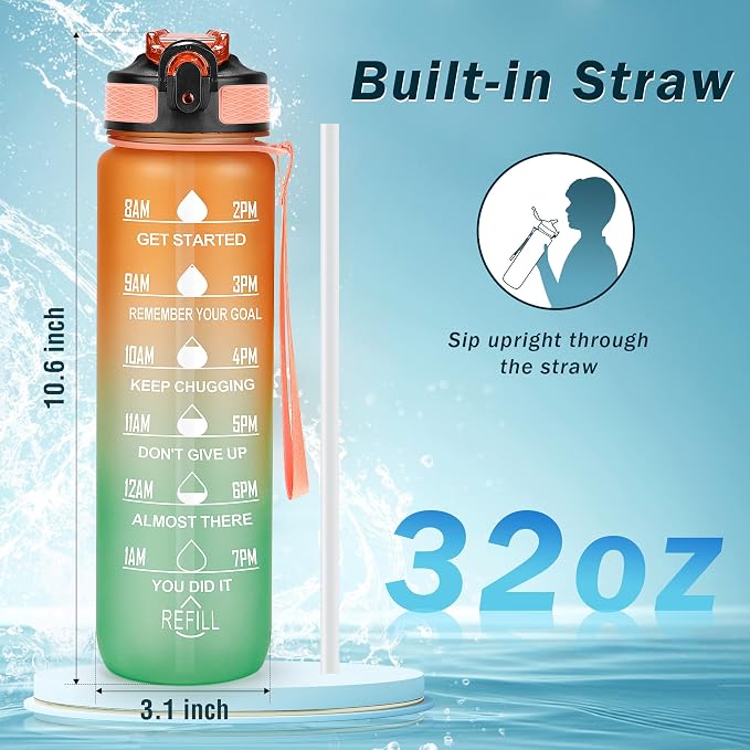 YC Kitchen Motivational Water Bottle with Time Marker - 32oz, Leak-proof BPA Free Sports Water Bottles with Straw & Carrying Strap (Pack of 2)