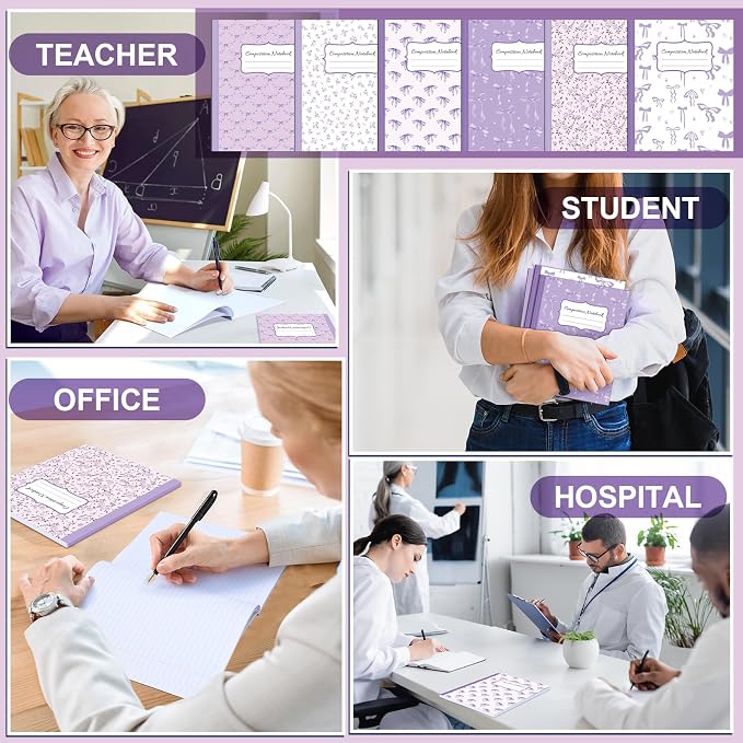Fullhawl 6 Pack Composition Notebook College Ruled Bulk Purple Bow Composition Notebook Preppy Aesthetic for Back to School Supplies 110 Pages 9-3/4 x 7-1/2" Journal for First Day of School Office
