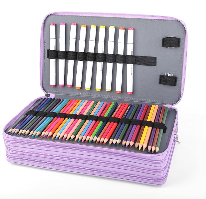 Vomgomfom 300 Slots Marker Bag, 4-Layer Zipper Portable Art Supply Organizer, PU Leather Large Capacity Marker Case Holds 100 Markers or 300 Colored Pencils with Handle (Purple)