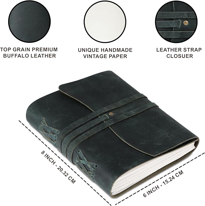 KomalC Handmade Leather Journal 7x5 Inch | Blue Vintage Notebook with Unlined Blank Paper | Antique Travel Diary, Writing Sketchbook for Men & Women