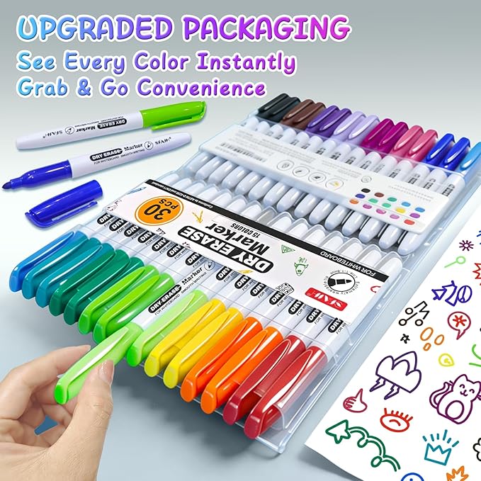 SFAIH Dry Erase Markers Fine tip 15 Colors, 30 Pack - Low Odor Whiteboard Markers for Office Teams, Study Groups, Home Schooling, Paper Markers for Kids | 5 Sizes:12/15/24/30/48/72/144 Packs