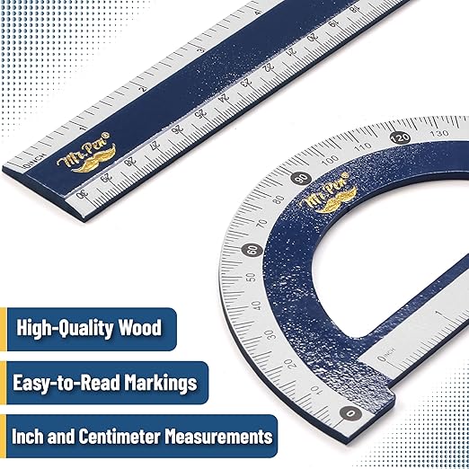 Mr. Pen- Wooden Geometry Set, 4 Pack, 8" 30°/60° Set Square, 5.5" 45°/90° Set Square, 6" Protractor & 12" Ruler for Classroom Use, Math, Drafting, Technical Drawing & Architecture