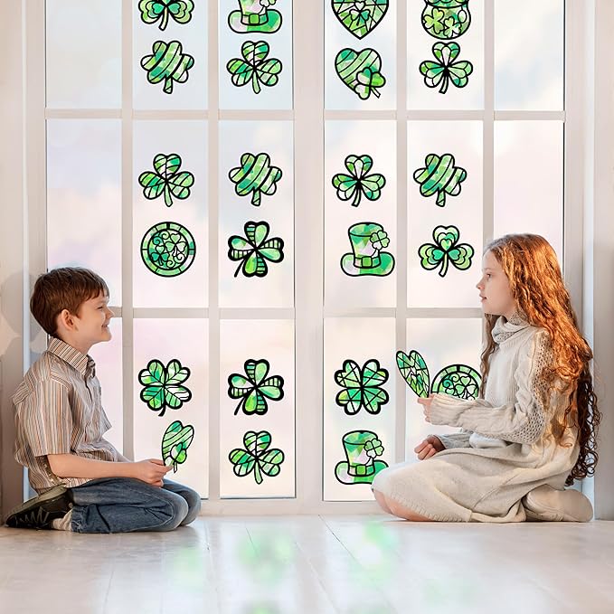 Renbuzhu 40PCS St. Patricks Day Crafts Bulk: Paper Shamrock Suncatchers, Saint Patrick's DIY Kits, Window Stained Glass Effect Art Supplies