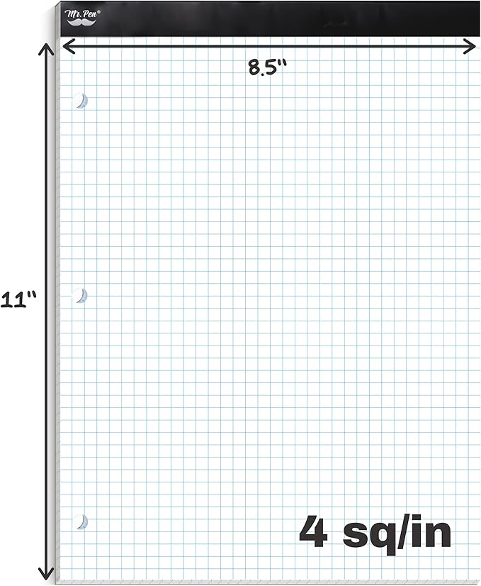 Mr. Pen- Graph Paper, 8.5"x11", 55 Sheets, 4x4 (4 Squares Per Inch), 3-Hole Punched, Math Graph Paper Pad, Computation Pads