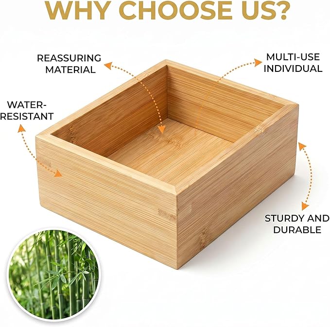Bamboo Drawer Organizer Tray for Makeup, Jewelry, Office Supplies & Bathroom Essentials, Small Wooden Storage Bin for Vanity, Desk & Kitchen Drawers, 5.9 x 5.1 x 2.4 Inch
