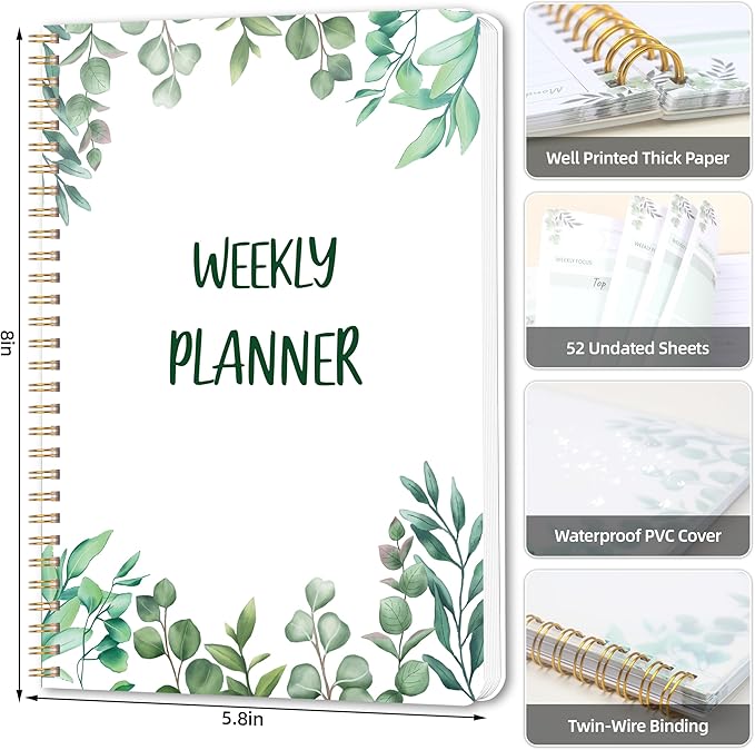 Undated Weekly Planner, Weekly To Do List Notebook with Goal & Habit Tracker Organizer, A5 5.8" x 8.0" Weekly Planner Notebook with Spiral Binding for Men or Women