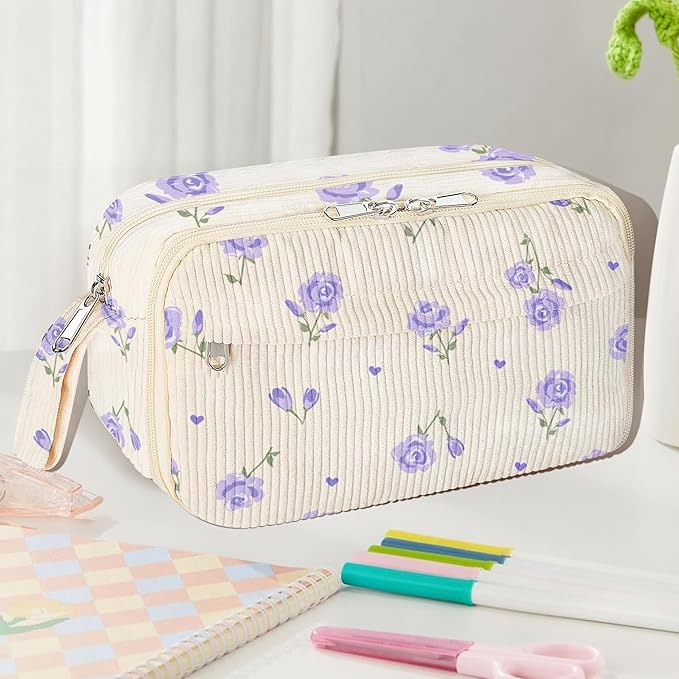 Large Pencil Pouch for Girls,Cute Corduroy Pencil Case Pouch Aesthetic Soft Pencil Bag for School, Zippered Pencil Organizer School Supplies for Teen Girls Women Gift (purple floral)
