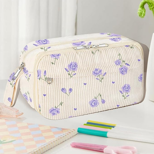Large Pencil Pouch for Girls,Cute Corduroy Pencil Case Pouch Aesthetic Soft Pencil Bag for School, Zippered Pencil Organizer School Supplies for Teen Girls Women Gift (purple floral)