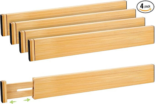 Fyvva Drawer Divider, Adjustable Bamboo Kitchen Drawer Organizer, Spring Loaded Drawer Organizer, Dresser Separators for Kitchen, Bathroom, Clothes, Office Desk Storage (Natural, 4 Pack Large)