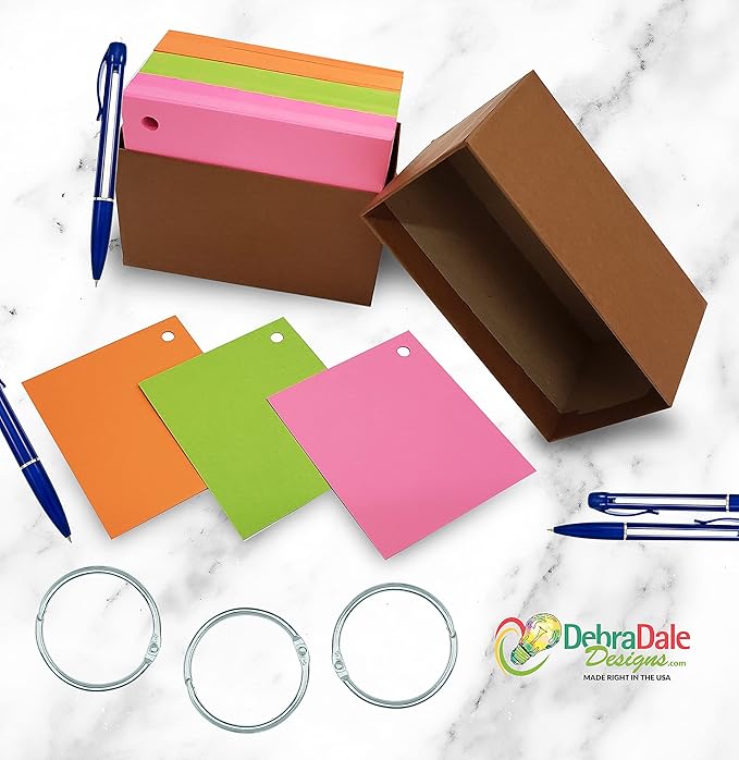 Debra Dale Designs - Made RIGHT in the USA - Larger Bright Blank Flash Cards - 4" x 3.5" - 135 Cards Single Hole Punched - 3 Rings - Bonus Travel Box - Perfect for Home School