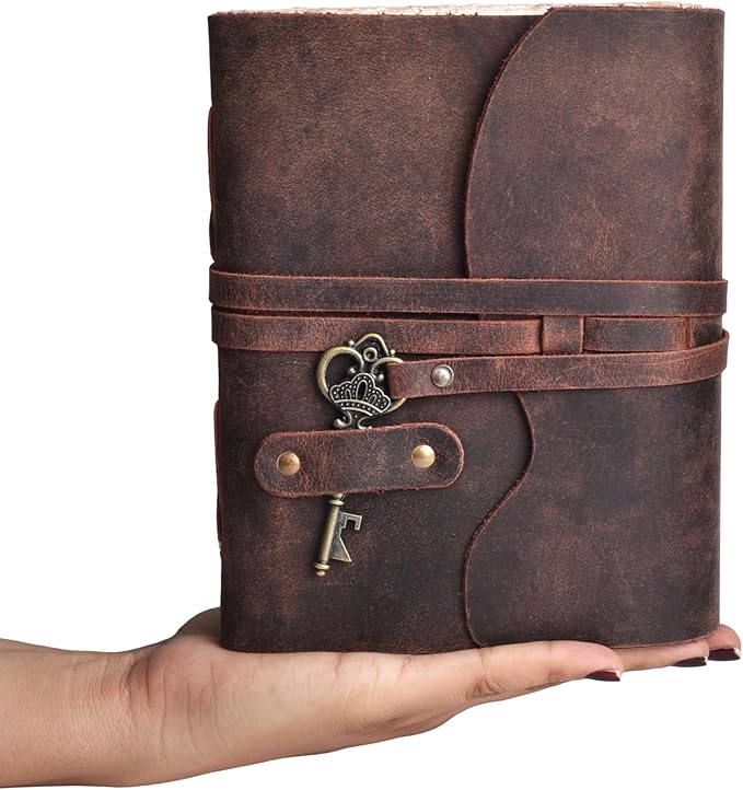 LEATHER VILLAGE Vintage Leather Journal – 200 Handmade Vintage Deckle Edge Paper – Leather bound Journal For Women Men – Vintage Key Closure - Book of Shadows - 10X7 inches - Fuchsia