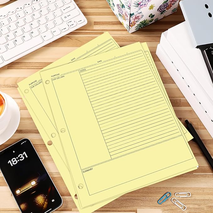 Ctosree 200 Sheets Cornell Notes Loose Leaf Paper, 8.5 x 11 Inch, 3 Hole Punch, Cornell Notes Filler Paper for School Office College Business Home (Yellow)