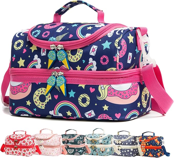 Insulated Kids Dual Compartment Lunch Bags Tote for Girls Boys Lunch Boxes Pre-School Toddler Kindergarten Picnic Camp Food Cooler Thermal with Strap