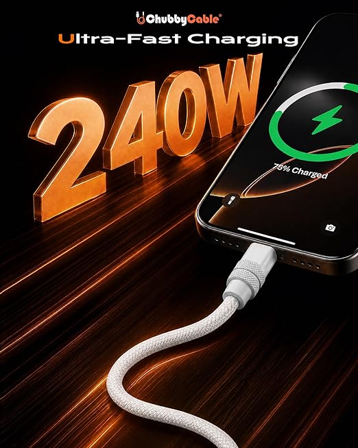 chubbycable Flex USB C to USB C Cable 240W Fast Charging Soft Braided Heavy-Duty Type C Charger 10FT for iPhone 17, MacBook Pro, Samsung Galaxy, White