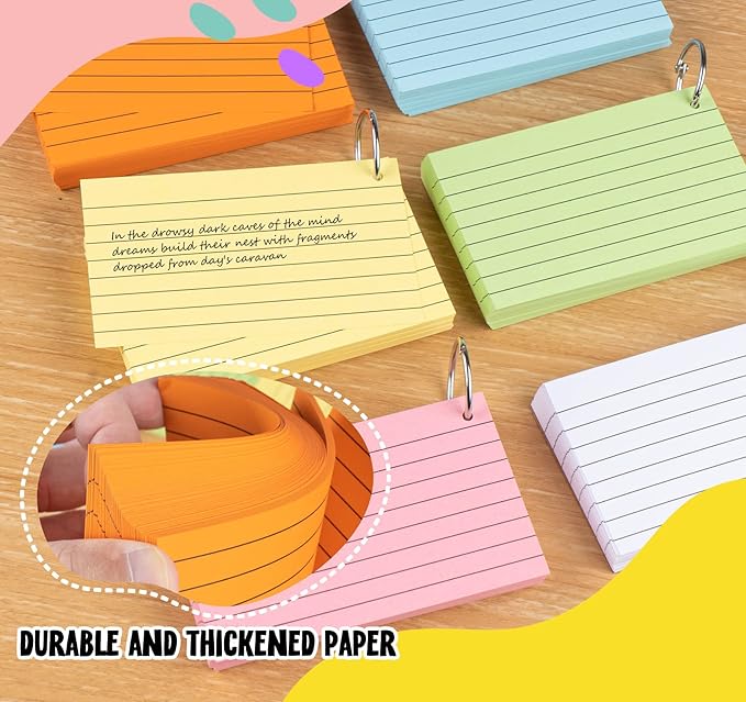 Agoer 500PCS Index Cards with Ring,3 x 5 Inches Flash Cards,Punched Lined Flashcards,Heavy Study Note Card,Vocabulary Cards,Colored Ruled Note Cards for Office,School,Home,Learning,College