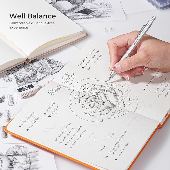 Nicpro 2 PCS Metal Mechanical Pencil 0.5mm & 0.7 mm with Case | MP1000 Pencil Set with 4 Tubes HB Lead Refills, 2 Eraser, 9 Eraser Refill For Art Writing Drafting, Sketch, College - Silver