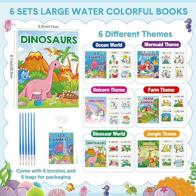 Pasimy 6 Sets Paint with Water Coloring Books for Toddlers 5. 5 x 8. 1 Inch Large Water Coloring Books Mess Free Painting Activity for Goodie Bag Filler Classroom Prizes Birthday Return Gifts Supplies