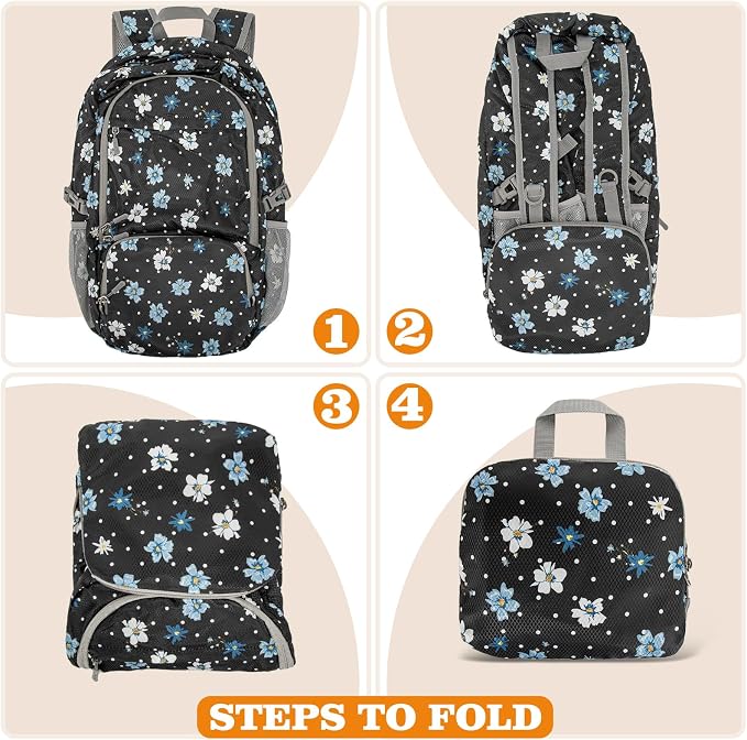 ZOMAKE Lightweight Packable Backpack 30L, Foldable Travel Hiking Daypack | Water Resistant Collapsible Backpacks, Folding Day Pack for Outdoor Camping Sport, Everyday Carry(Black,Floral pattern)