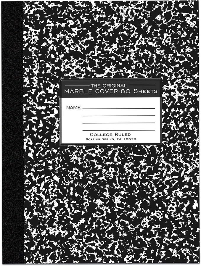 Roaring Spring Composition Notebook, Case of 48, College Ruled, 80 Sheets, 15# White Paper, Oversized 10.25"x8", Proudly Made in USA, Flexible Board Black Marble Covers